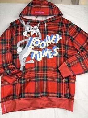 Members Only Looney Tunes Hoodie Men’s L Red Plaid Bugs Bunny Daffy Duck AOP